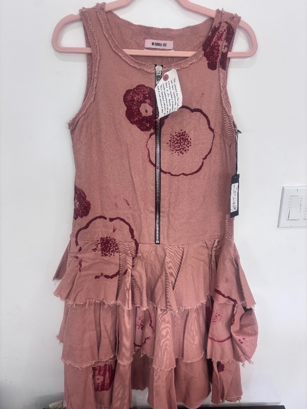 NWT Marna Ro Tiered Ruffle Floral Dress Dusty Rose Raw Hem Cotton M